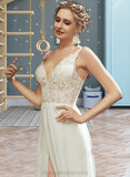 Shaniya A-Line V-neck Floor-Length Wedding Dress With Lace Split Front STIP0013815