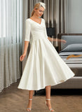 Kira A-Line V-neck Tea-Length Satin Wedding Dress STIP0013817