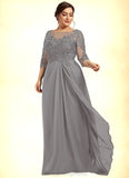 Lily A-Line Scoop Neck Floor-Length Chiffon Lace Mother of the Bride Dress With Beading Sequins Cascading Ruffles STI126P0014529