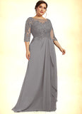 Lily A-Line Scoop Neck Floor-Length Chiffon Lace Mother of the Bride Dress With Beading Sequins Cascading Ruffles STI126P0014529