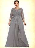 Lily A-Line Scoop Neck Floor-Length Chiffon Lace Mother of the Bride Dress With Beading Sequins Cascading Ruffles STI126P0014529