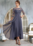 Hazel A-Line Scoop Neck Asymmetrical Chiffon Lace Mother of the Bride Dress With Ruffle STI126P0014531