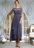 Hazel A-Line Scoop Neck Asymmetrical Chiffon Lace Mother of the Bride Dress With Ruffle STI126P0014531