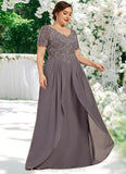 Rowan A-line V-Neck Floor-Length Chiffon Lace Mother of the Bride Dress STI126P0014532