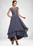 Lilith A-Line Scoop Neck Asymmetrical Chiffon Lace Mother of the Bride Dress With Beading STI126P0014534