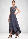 Lilith A-Line Scoop Neck Asymmetrical Chiffon Lace Mother of the Bride Dress With Beading STI126P0014534