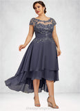 Lilith A-Line Scoop Neck Asymmetrical Chiffon Lace Mother of the Bride Dress With Beading STI126P0014534