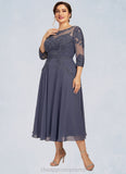 Faith A-Line Scoop Neck Tea-Length Chiffon Lace Mother of the Bride Dress With Beading Sequins STI126P0014535