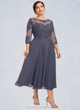 Faith A-Line Scoop Neck Tea-Length Chiffon Lace Mother of the Bride Dress With Beading Sequins STI126P0014535