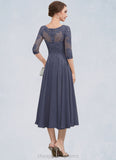 Faith A-Line Scoop Neck Tea-Length Chiffon Lace Mother of the Bride Dress With Beading Sequins STI126P0014535