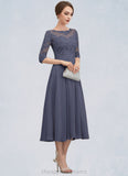 Faith A-Line Scoop Neck Tea-Length Chiffon Lace Mother of the Bride Dress With Beading Sequins STI126P0014535