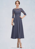 Faith A-Line Scoop Neck Tea-Length Chiffon Lace Mother of the Bride Dress With Beading Sequins STI126P0014535