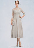 Faith A-Line Scoop Neck Tea-Length Chiffon Lace Mother of the Bride Dress With Beading Sequins STI126P0014535