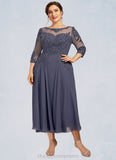 Faith A-Line Scoop Neck Tea-Length Chiffon Lace Mother of the Bride Dress With Beading Sequins STI126P0014535