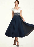 Lucia A-Line V-neck Tea-Length Chiffon Lace Mother of the Bride Dress STI126P0014539