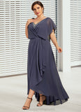 Rylee A-Line V-neck Asymmetrical Chiffon Mother of the Bride Dress With Beading Sequins STI126P0014541