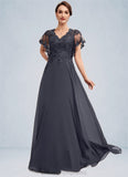 Delilah A-line V-Neck Floor-Length Chiffon Lace Mother of the Bride Dress With Sequins STI126P0014542