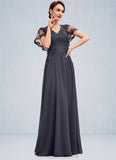 Delilah A-line V-Neck Floor-Length Chiffon Lace Mother of the Bride Dress With Sequins STI126P0014542