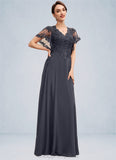 Delilah A-line V-Neck Floor-Length Chiffon Lace Mother of the Bride Dress With Sequins STI126P0014542