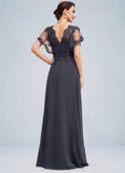 Delilah A-line V-Neck Floor-Length Chiffon Lace Mother of the Bride Dress With Sequins STI126P0014542