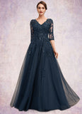 Mareli A-Line V-neck Floor-Length Tulle Lace Mother of the Bride Dress With Sequins STI126P0014543