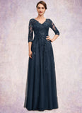 Mareli A-Line V-neck Floor-Length Tulle Lace Mother of the Bride Dress With Sequins STI126P0014543