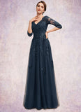 Mareli A-Line V-neck Floor-Length Tulle Lace Mother of the Bride Dress With Sequins STI126P0014543