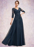 Mareli A-Line V-neck Floor-Length Tulle Lace Mother of the Bride Dress With Sequins STI126P0014543