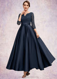 Mariah A-Line V-neck Ankle-Length Satin Lace Mother of the Bride Dress With Beading STI126P0014545