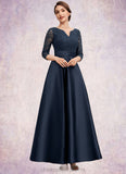 Mariah A-Line V-neck Ankle-Length Satin Lace Mother of the Bride Dress With Beading STI126P0014545