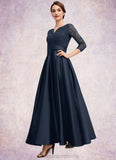 Mariah A-Line V-neck Ankle-Length Satin Lace Mother of the Bride Dress With Beading STI126P0014545