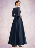 Mariah A-Line V-neck Ankle-Length Satin Lace Mother of the Bride Dress With Beading STI126P0014545