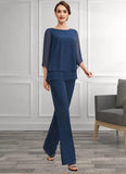 Tricia Jumpsuit/Pantsuit Scoop Neck Floor-Length Chiffon Mother of the Bride Dress With Beading STI126P0014548