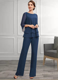 Tricia Jumpsuit/Pantsuit Scoop Neck Floor-Length Chiffon Mother of the Bride Dress With Beading STI126P0014548