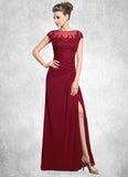 Ruby Sheath/Column Scoop Neck Floor-Length Chiffon Mother of the Bride Dress With Ruffle Beading Appliques Lace Sequins Split Front STI126P0014549