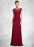 Ruby Sheath/Column Scoop Neck Floor-Length Chiffon Mother of the Bride Dress With Ruffle Beading Appliques Lace Sequins Split Front STI126P0014549