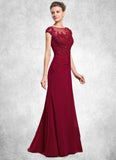 Ruby Sheath/Column Scoop Neck Floor-Length Chiffon Mother of the Bride Dress With Ruffle Beading Appliques Lace Sequins Split Front STI126P0014549