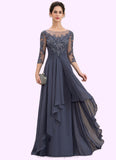 Luna A-Line Scoop Neck Floor-Length Chiffon Lace Mother of the Bride Dress With Cascading Ruffles STI126P0014550