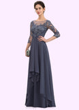 Luna A-Line Scoop Neck Floor-Length Chiffon Lace Mother of the Bride Dress With Cascading Ruffles STI126P0014550