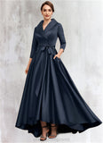 Sara A-Line V-neck Asymmetrical Satin Mother of the Bride Dress With Bow(s) Pockets STI126P0014553