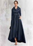 Sara A-Line V-neck Asymmetrical Satin Mother of the Bride Dress With Bow(s) Pockets STI126P0014553