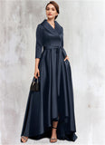 Sara A-Line V-neck Asymmetrical Satin Mother of the Bride Dress With Bow(s) Pockets STI126P0014553