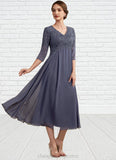 Veronica A-line V-Neck Tea-Length Chiffon Lace Mother of the Bride Dress With Beading STI126P0014554