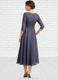 Veronica A-line V-Neck Tea-Length Chiffon Lace Mother of the Bride Dress With Beading STI126P0014554