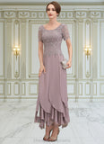 Olive A-Line Scoop Neck Ankle-Length Chiffon Lace Mother of the Bride Dress With Cascading Ruffles STI126P0014555