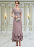 Olive A-Line Scoop Neck Ankle-Length Chiffon Lace Mother of the Bride Dress With Cascading Ruffles STI126P0014555