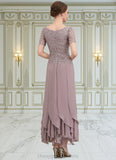 Olive A-Line Scoop Neck Ankle-Length Chiffon Lace Mother of the Bride Dress With Cascading Ruffles STI126P0014555