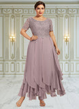 Olive A-Line Scoop Neck Ankle-Length Chiffon Lace Mother of the Bride Dress With Cascading Ruffles STI126P0014555