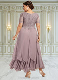 Olive A-Line Scoop Neck Ankle-Length Chiffon Lace Mother of the Bride Dress With Cascading Ruffles STI126P0014555