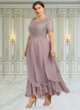 Olive A-Line Scoop Neck Ankle-Length Chiffon Lace Mother of the Bride Dress With Cascading Ruffles STI126P0014555